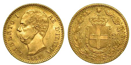 REGNO D'ITALIA. Umberto I di Savoia, 1878-1900., 20 Lire 1891 (con cifre 1 ribattute).