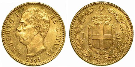 REGNO D'ITALIA. Umberto I di Savoia, 1878-1900., 20 Lire 1891 (con cifre 1 ribattute).