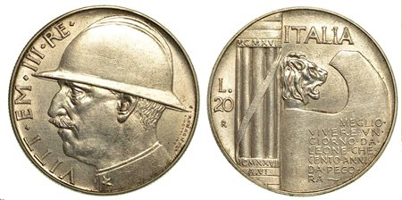 REGNO D'ITALIA. Vittorio Emanuele III di Savoia, 1900-1946., 20 Lire 1928/VI. Elmetto.