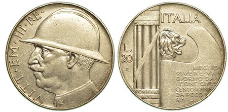 REGNO D'ITALIA. Vittorio Emanuele III di Savoia, 1900-1946., 20 Lire 1928/VI. Elmetto.