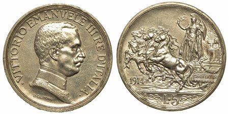 REGNO D'ITALIA. Vittorio Emanuele III di Savoia, 1900-1946., 5 Lire Quadriga Briosa 1914.