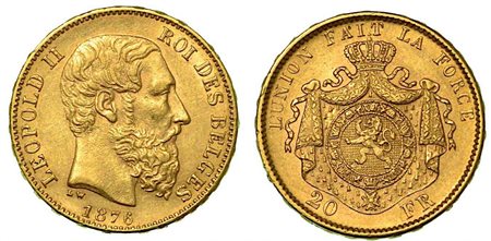 BELGIO. Leopold II, 1865-1909., 20 Francs 1876.