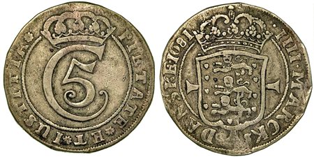 DANIMARCA. Christian V, 1670-1699., Krone (4 Mark) 1681.