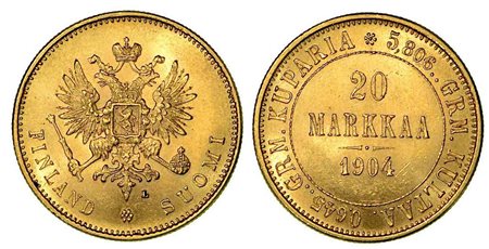 FINLANDIA. Occupazione russa. Nicholas II, 1894-1917., 20 Markkaa 1904.