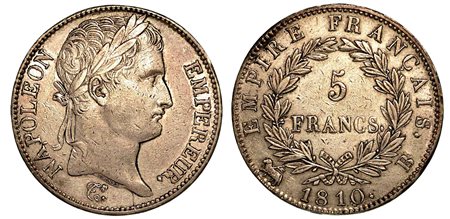 FRANCIA. Napoleon I, 1801-1815., 5 Francs 1810, zecca di Rouen.