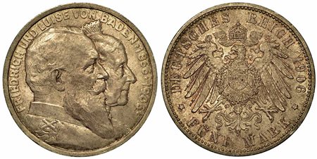 GERMANIA - BADEN. Friedrich I, 1856-1907., 5 Mark 1906 (Anniversario delle nozze d'oro del re e della regina).