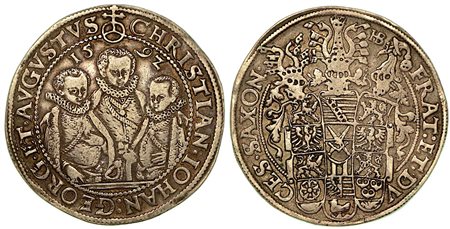 GERMANIA - SAXONY ALBERTINE. Christian II, Johann George e August, 1591-1611., Thaler 1592.