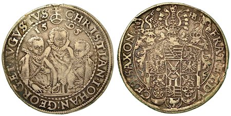 GERMANIA - SAXONY ALBERTINE. Christian II, Johann George e August, 1591-1611., Thaler 1595.