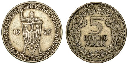 GERMANIA - REPUBBLICA DI WEIMAR, 1919-1933., 5 Reichsmark 1925 (Millenario Renania).