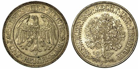 GERMANIA - REPUBBLICA DI WEIMAR, 1919-1933., 5 Reichsmark 1927F.