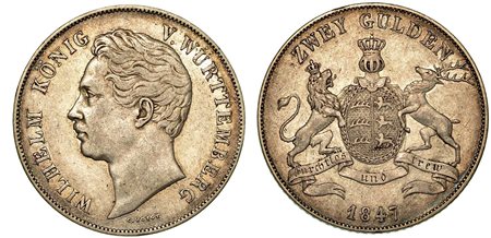 GERMANIA - WURTTEMBERG. Wilhelm I, 1816-1864., 2 Gulden 1847.