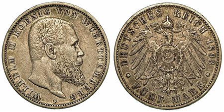 GERMANIA - WURTTEMBERG. Wilhelm II, 1891-1918., 5 Mark 1893.