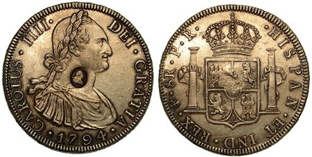 GRAN BRETAGNA. Carlos IV, 1788-1808., Moneta da 8 Reales 1794 di Carlos IV di Spagna contromarcata con l'effige di Giorgio III in ovale.