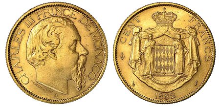 MONACO. Charles III, 1856-1889., 100 Francs 1882, zecca di Parigi.