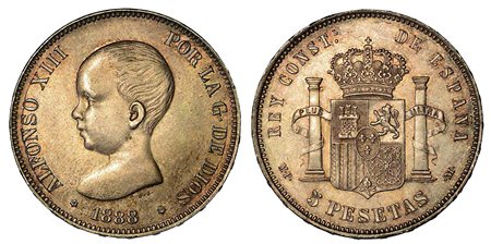 SPAGNA. Alfonso XIII, 1886-1931., 5 Pesetas 1888 MP – M, zecca di Madrid.