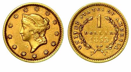 USA. Liberty dollar in oro 1853, zecca di Philadelphia., 