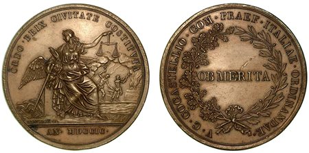 RISTABILIMENTO DELL’ORDINE A BRESCIA PER OPERA DEL PREFETTO COCASTELLI., Medaglia in bronzo 1799.