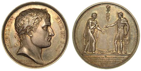 ENTRATA DI NAPOLEONE I E FRANCESCO II IMPERATORE A URSCHÜTZ., Medaglia in argento 1805, Parigi.