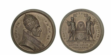 PIO VII RITORNA A ROMA 1814 SOGGIORNO A IMOLA E CESENA., Medaglia in bronzo anno XV (1814).