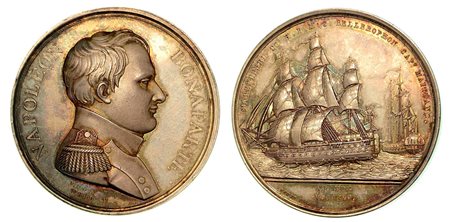 RESA DI NAPOLEONE BONAPARTE A BORDO DEL BELLEROPHON., Medaglia in argento 1815, Birmingham.