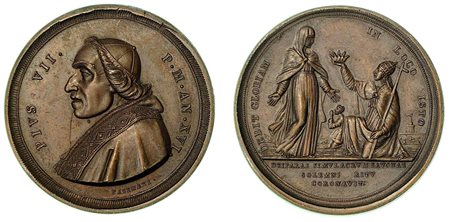 PIO VII, 1800-1823. INCORONAZIONE DELLA BEATA VERGINE DELLA MISERICORDIA IN SAVONA., Medaglia annuale in bronzo anno XVI (1815).