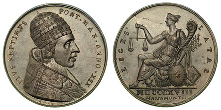 PIO VII, 1800-1823. NUOVO ASSETTO DATO AL SETTORE DELLA GIUSTIZIA., Medaglia in bronzo anno XIX (1818).