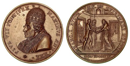 PIO VII, 1800-1823. VISITA DELL'IMPERATORE D'AUSTRIA AL QUIRINALE., Medaglia annuale in bronzo anno XXI (1820).