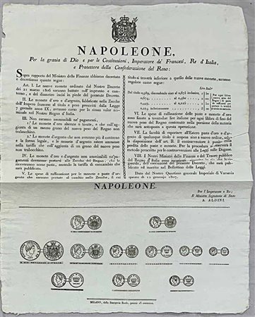 NAPOLEONE I, 1801-1815. Nuove norme sulla coniazione e circolazione delle monete in oro e argento., Documento del 12 gennaio 1807.