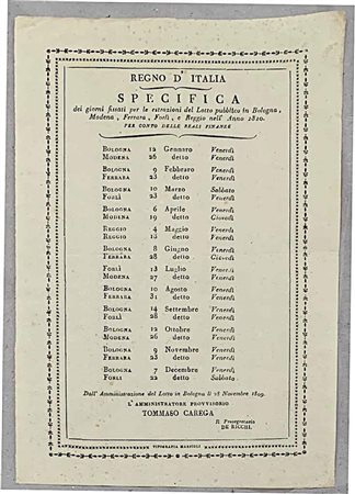 NAPOLEONE I, 1801-1815. Specifica dei giorni fissati per le estrazioni del Lotto pubblico in Bologna, Moderna, Ferrara, Forlì e Reggio., Documento del 28 Novembre 1809.