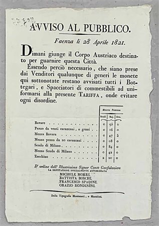 RESTAURAZIONE. Arrivo degli Austriaci a Faenza. Nuovi cambi monetari per i commercianti., Documento del 28 aprile 1821.