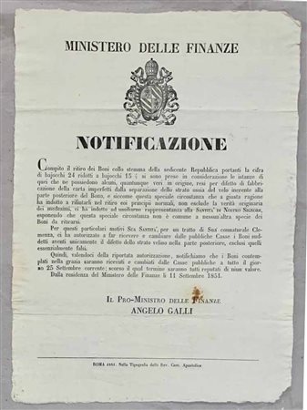 PIO IX, 1846-1878. Ritiro e sostituzione dei Boni difettosi da 24 baiocchi ridotti a 15 e mezzo della Seconda Repubblica Romana., Documento del 11 Settembre 1851.