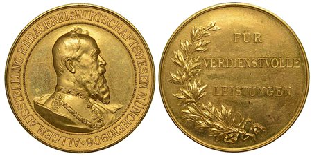 GERMANIA - BAVIERA. Principe reggente Liutpold, 1886-1912., Medaglia-premio in bronzo dorato 1906.