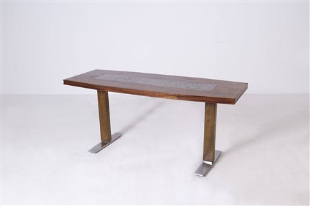 Scandinavian coffee table in wood and silver. 50s