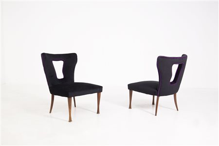 Two velvet and wooden armchairs. 1950s