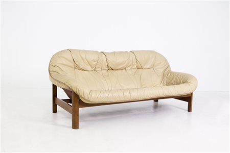 Sofa in wood and beige leather. 1960s