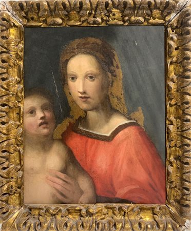 Dipinto ad olio su tavola raffigurante Madonna con bambino.