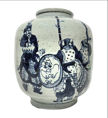 Vaso cinese in ceramica bianca con decori blu raffigurante samurai.
