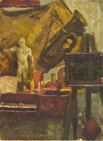 Giovanni Borgonovo L'ATELIER olio su cartone, cm 31x22,5 sul retro: firma...