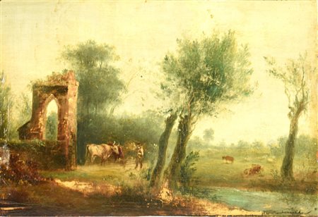 Philip James De Loutherbourg PAESAGGIO olio su tavola, cm 21x31 firma