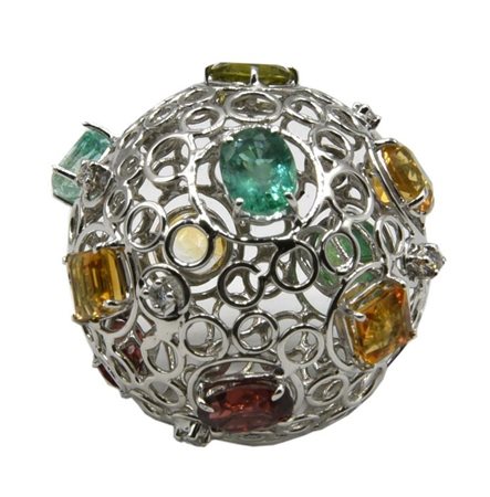 PENDENTE A SFERA TRAFORATA CON PERIDOTI, GRANATI E CITRINI in oro bianco...