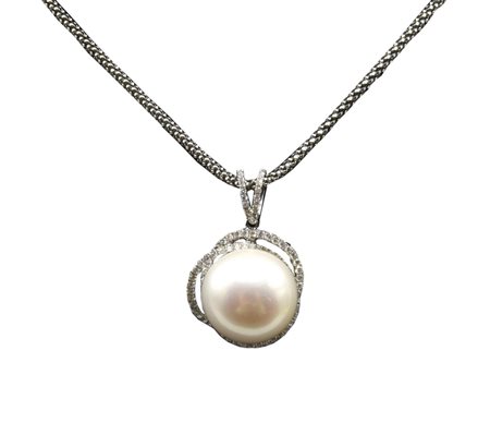 CATENINA CON PENDENTE CON PERLA SOUTH SEA E DIAMANTI in oro bianco 18kt, con...