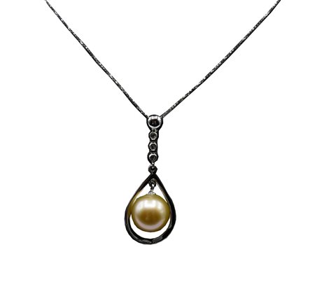 PENDENTE E CATENINA CON PERLA GOLD SOUT SEA E DIAMANTI in oro bianco 18kt,...