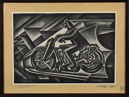 Fortunato Depero, Tav. 16, Solido in velocità (motociclista), 1944