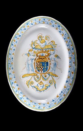 Manifattura di Faenza, seconda metà secolo XVI. Piatto ovale in maiolica di tip