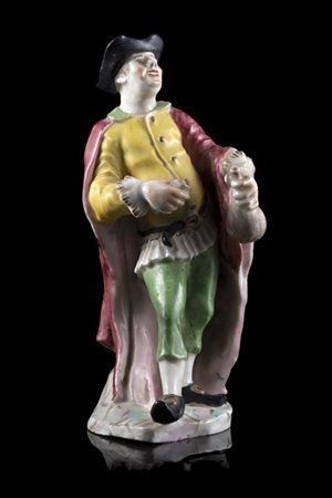 Figura in porcellana policroma raffigurante gentiluomo con fiasca e bicchiere p