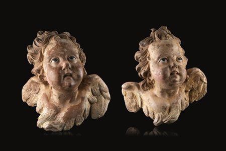 Arte del secolo XVIII. Due cherubini in terracotta policroma con occhi in vetro