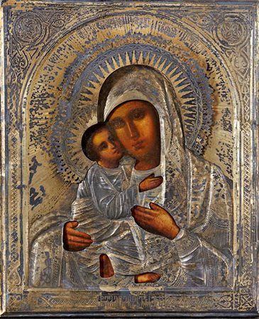 Arte russa, secolo XIX. Icona ad olio su tavola raffigurante Madonna con Bambin