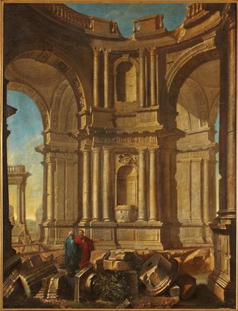 Scuola del secolo XVIII

Capriccio con rovine architettoniche e figure
Olio su