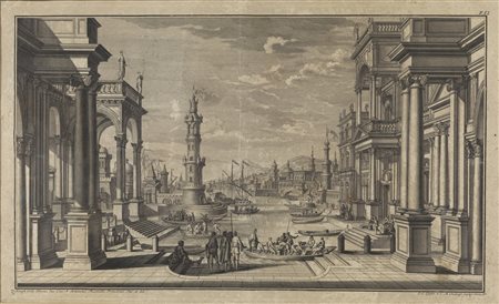 PFEFFEL JOHANN ANDREAS (1674 - 1748) - Veduta immaginaria di porto fluviale, campidoglio antico, templi e regia. .