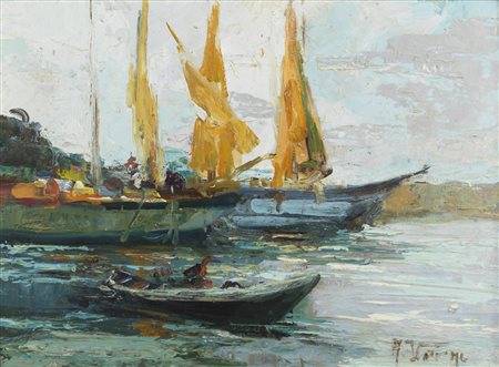 VERNI ARTURO (1891 - 1960) - Marina con barche e personaggi. .